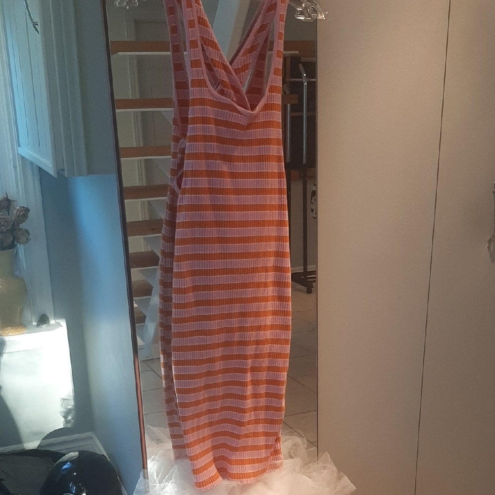 Zara💗Pink🧡OrangeBODYCON Striped COTTON Midi Dress Size M - Picture 6 of 7